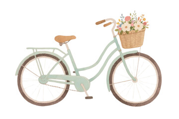 Hand-drawn watercolor bicycle with flower basket, soft vintage pastel colors