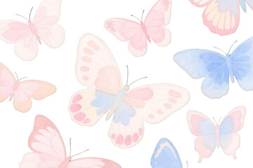 Hand-drawn watercolor butterflies with delicate wings, pastel and soft textures