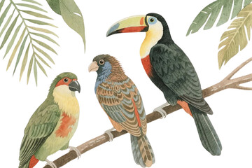Watercolor illustration of tropical birds, hand-drawn with detailed feathers and texture
