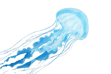 Hand-drawn watercolor jellyfish floating in deep sea, soft transparent textures