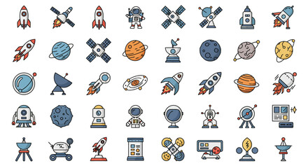 Colorful collection of space and astronomy icons featuring rockets, planets, and astronauts in a cartoon line art style.