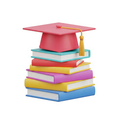 3d icon of stack of books with graduation cap isolated on transparent background