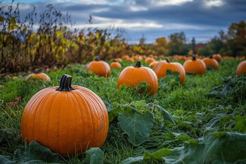 Orange pumpkins in a grassy field, autumnal scene