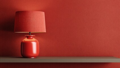 Minimalist Red Table Lamp on a Shelf Against a Red Wall.