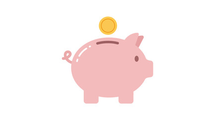 A simple pink cartoon piggy bank with a curly tail, receiving a shiny gold coin into its slot.