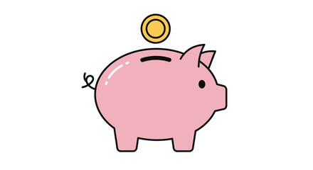 Obraz premium A simple pink cartoon piggy bank with a black outline, receiving a shiny gold coin into its slot.