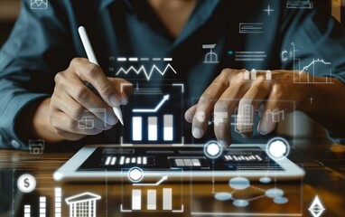 Person interacting with a digital tablet displaying financial data overlays