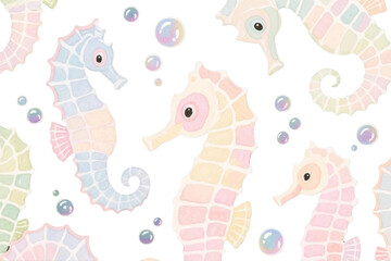 Hand-drawn watercolor seahorses in pastel tones with bubbles