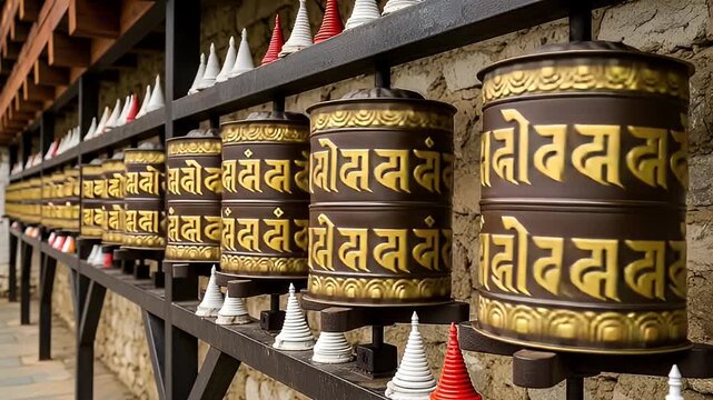 Golden Prayer Wheels in a Row with Detailed Bronze and Brown Metalwork Decorations Against a Stone Wall in Daylight