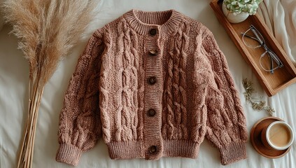 Dusty rose cable knit cardigan on a light beige surface
