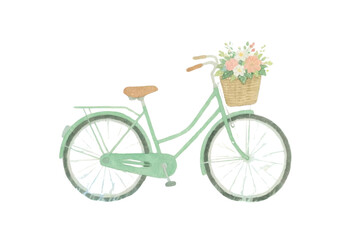 Hand-drawn watercolor bicycle with flower basket, soft vintage pastel colors