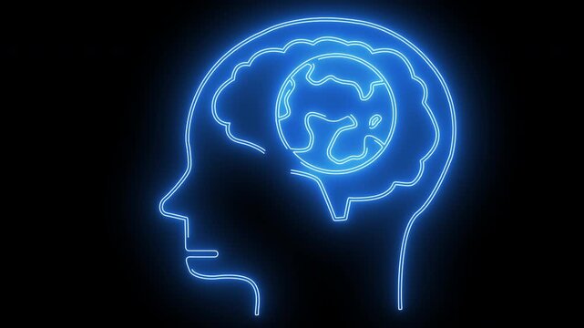 human brain head icon and planet earth icon with neon effect