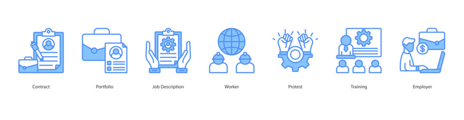 Labor Management banner web icon set vector illustration concept with icon of contract, portfolio, job description, worker, protest, training, employer