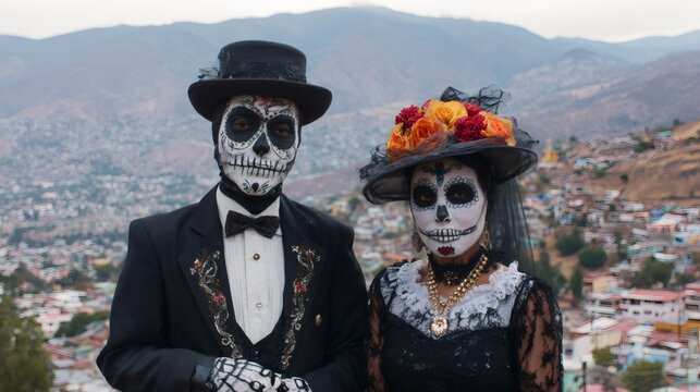 Male and female catrina portrayals for Day of the Dead celebration. Couple with skull makeup and festive attire for traditional Mexican holiday.