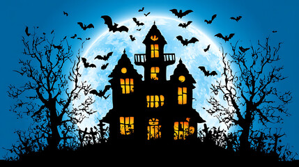 Fototapeta premium A large house with bats flying around it and a full moon in the background