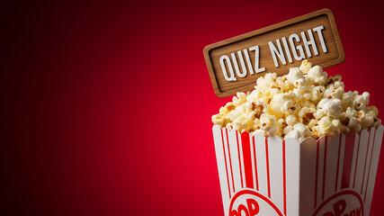 Popcorn bucket with quiz night sign on red background