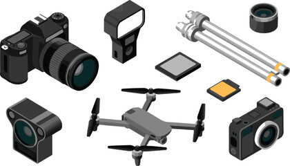 Isometric Photography Equipment Collection with Camera, Drone, and Lens Set