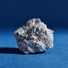 Gray, rough mineral specimen on a deep blue surface