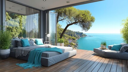 Fototapeta premium Ocean View Bedroom, Luxury Interior Design, Coastal Retreat