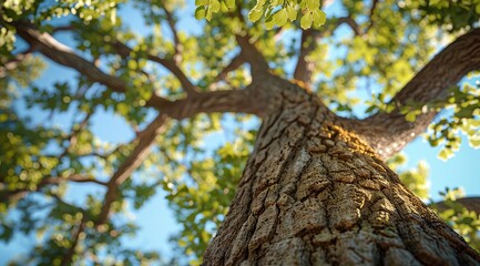 Upward view of a large tree trunk and canopy. Lush green leaves and branches reach towards a clear blue sky