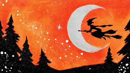 A witch is flying on a broomstick over a forest at night