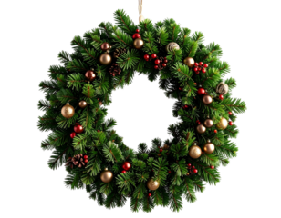 Hanging Christmas Wreath on Invisible Hook, Side-Angle Perspective, isolated on transparent background