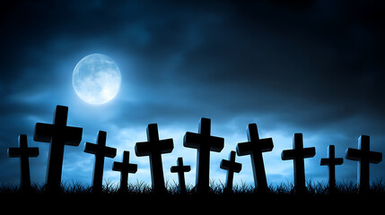 A row of crosses are lined up in a field, with a full moon in the background