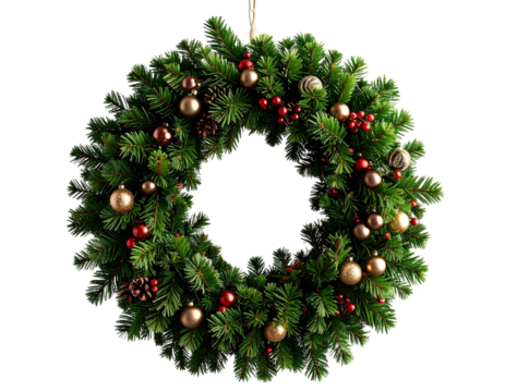 Hanging Christmas Wreath on Invisible Hook, Side-Angle Perspective, isolated on transparent background