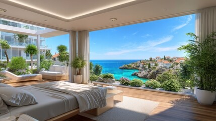 Fototapeta premium Ocean View Bedroom, Luxury Villa, Coastal Living, Dream Home