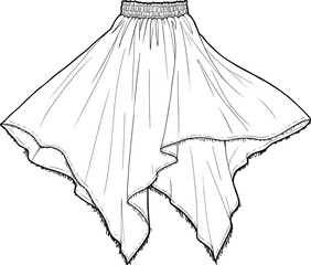 Women’s asymmetric handkerchief hem skirt technical flat fashion sketch with elastic waistband and raw edge detail, vector template.