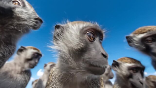 Curious Monkey Selfie with Friends Under Bright Blue Sky with Wildlife Portrait.