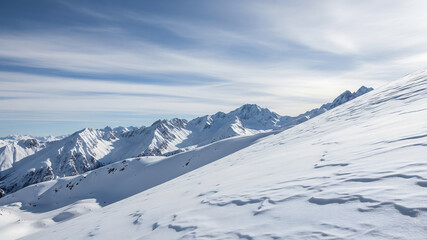 Snowy mountain slope under a cloudy blue sky