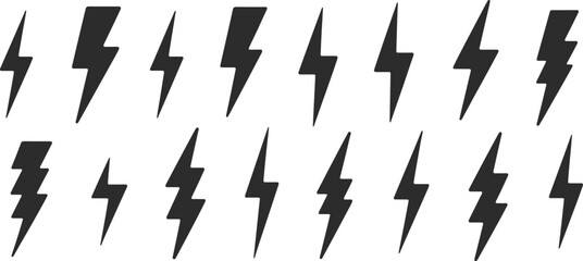 Lightning bolt icon set, thunder symbol vector, electricity power illustration, energy design element, storm flash graphic, electric charge collection
