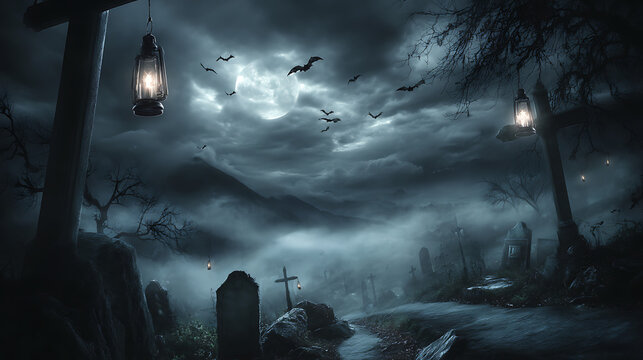 A graveyard with a full moon in the sky