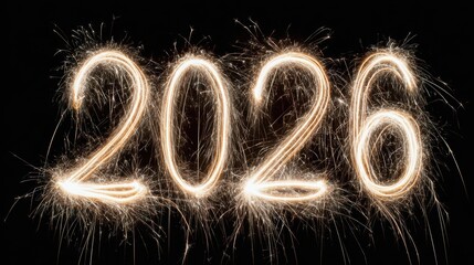 2026 Sparkling Future Celebration with glowing sparkler trails forming bright numerals on black background, festive light-painting countdown energy and optimistic visual for milestone event campaigns