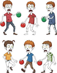 Cartoon zombie kids playing dodgeball in gym, undead children sports activity, funny horror vector illustration for Halloween and school themes