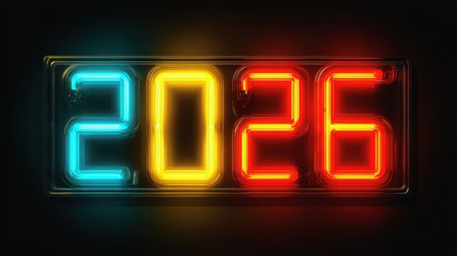 2026 Sparkling Future Celebration with RGB neon-lit numeric blocks glowing in red, yellow, and blue, digital countdown energy and futuristic launch style for modern milestone campaigns and vibrant