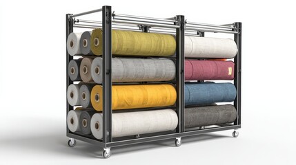 Colorful rolls of fabric neatly arranged on a storage rack for textile organization and interior design projects