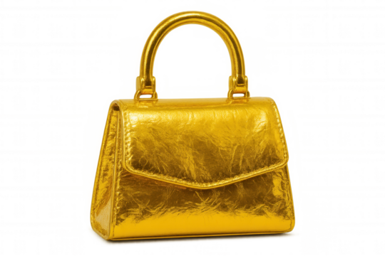 Luxurious golden handbag gleaming against transparent backdrop, highlighting designer elegance