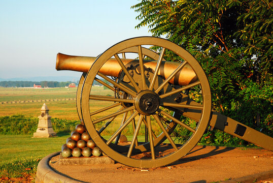 A cannon sits at the High Water Mark, noting the furthest advance of Confederate Troops in the American Civil War, at Gettysburg National Military Park