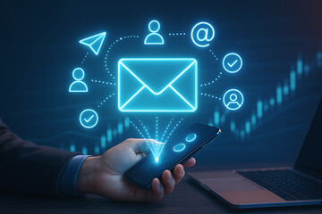 A man is holding a smartphone with glowing email icons, a glowing network of people, and an envelope