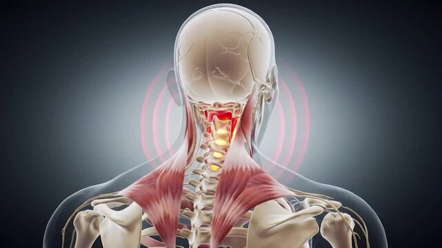 Neck Pain 3D Animation &ndash; Transparent Human Anatomy with Highlighted Pain Point, Neck Pain 3D Animation &ndash; Transparent Human Anatomy with Highlighted Pain Point