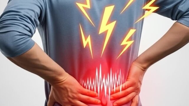 Back Pain 3D Animation &ndash; Transparent Human Anatomy with Highlighted Pain Point, 3D medical animation of back pain in transparent human anatomy, showing a highlighted pain point for healthcare, physiot
