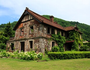 Fototapeta premium Abandoned stone house nestled in greenery