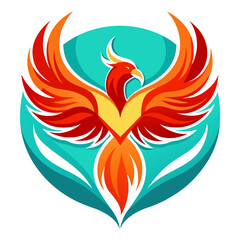 Fototapeta premium Phoenix in Flaming Heart Formation with Vibrant Red and Orange Feathers over Turquoise Background