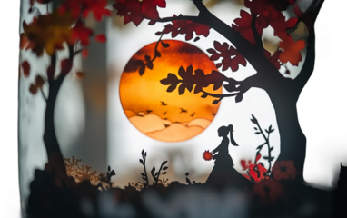 Shadow puppet scene of Mid Autumn festival story created with traditional paper art style isolated on transparent background PNG
