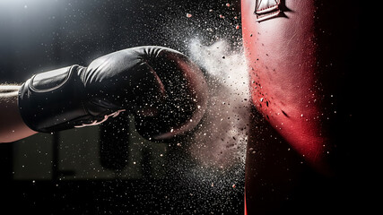 Boxer s glove impacting red punching bag creating dust cloud