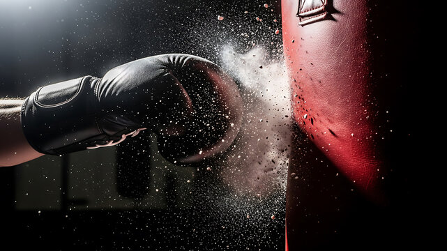 Boxer s glove impacting red punching bag creating dust cloud - Powered by Adobe