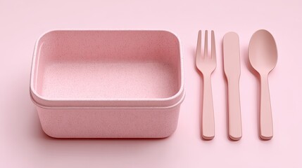 Empty pink lunchbox with utensils