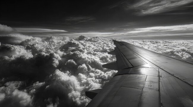High-altitude view of plane wing above clouds